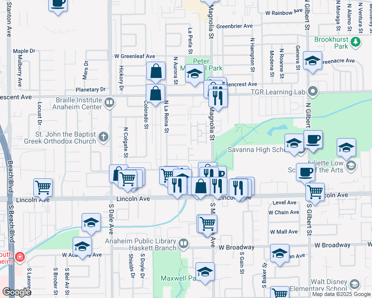 map of restaurants, bars, coffee shops, grocery stores, and more near 2648 West Russell Avenue in Anaheim