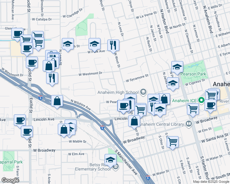 map of restaurants, bars, coffee shops, grocery stores, and more near 1207 West Dwyer Drive in Anaheim