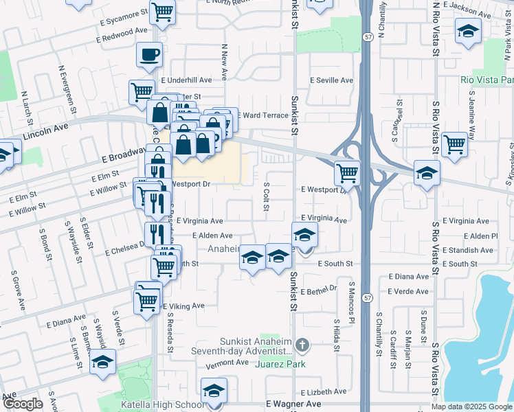 map of restaurants, bars, coffee shops, grocery stores, and more near 516 South Peregrine Street in Anaheim