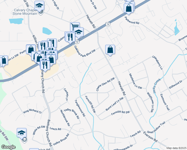 map of restaurants, bars, coffee shops, grocery stores, and more near 2315 Oakland Spring Drive in Snellville