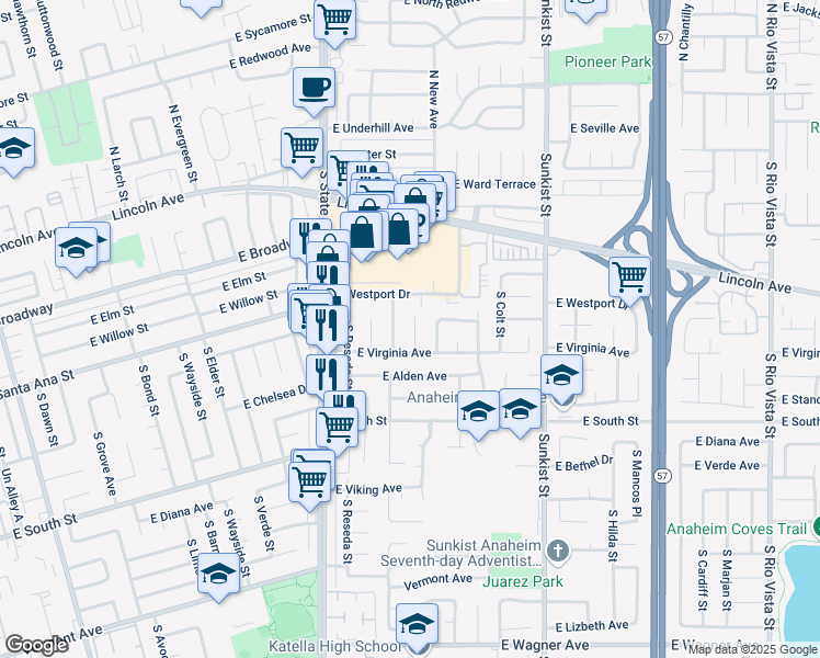 map of restaurants, bars, coffee shops, grocery stores, and more near 521 South Dustin Place in Anaheim
