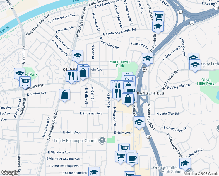 map of restaurants, bars, coffee shops, grocery stores, and more near 1301 East Lincoln Avenue in Orange