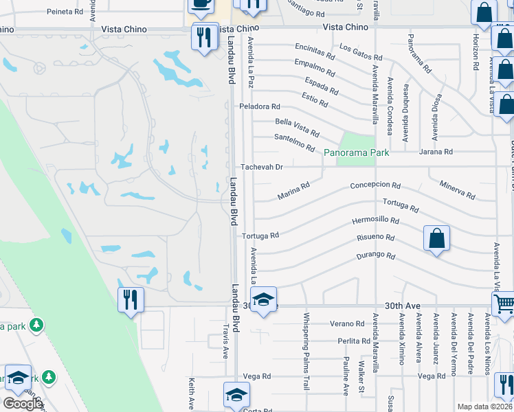 map of restaurants, bars, coffee shops, grocery stores, and more near 68077 Marina Road in Cathedral City