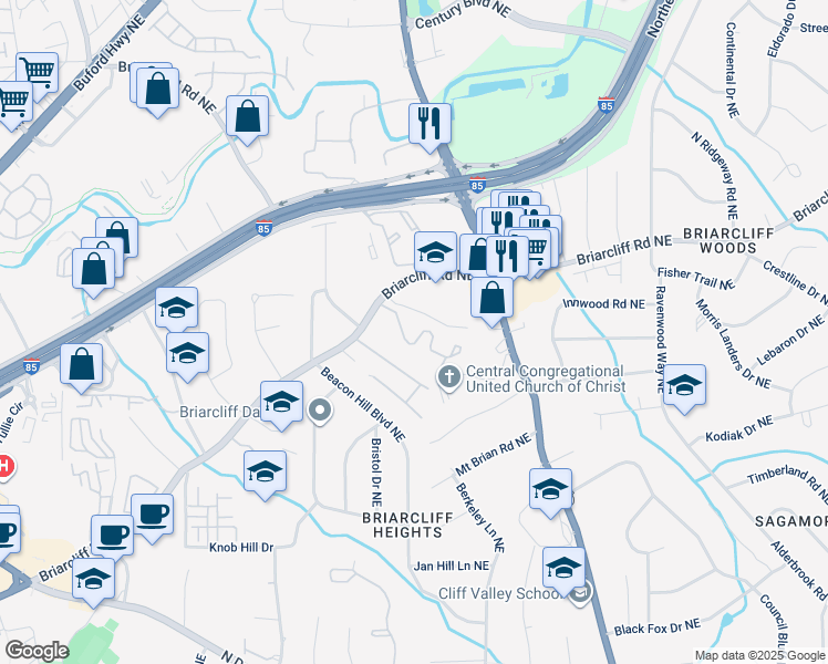 map of restaurants, bars, coffee shops, grocery stores, and more near 1831 Briarcliff Circle in Atlanta