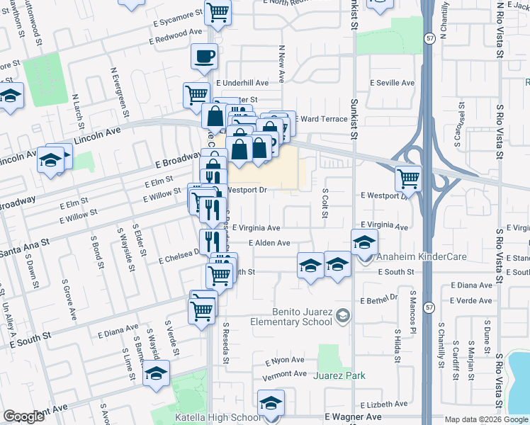 map of restaurants, bars, coffee shops, grocery stores, and more near 521 South Dustin Place in Anaheim