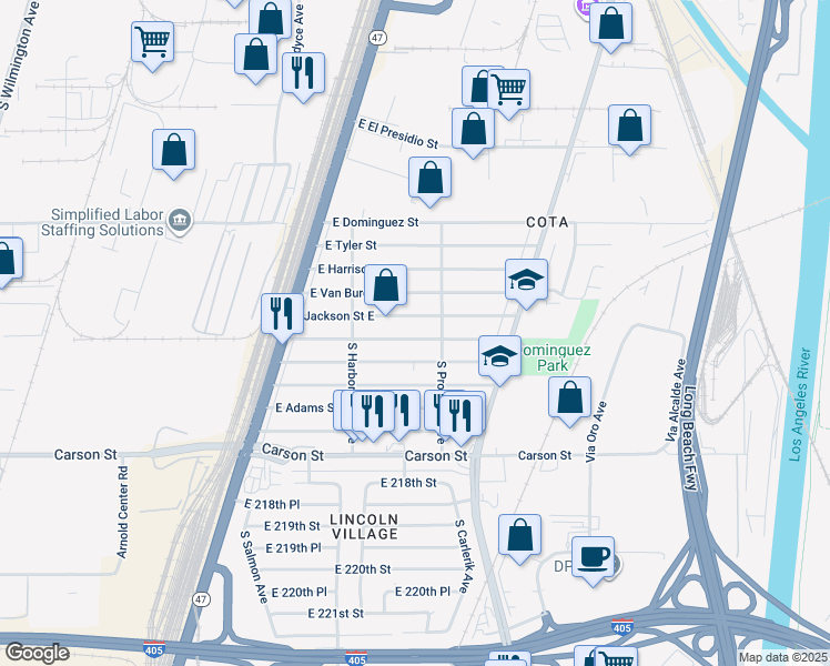 map of restaurants, bars, coffee shops, grocery stores, and more near 2657 East Monroe Street in Carson