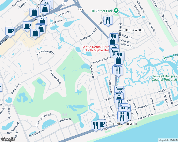 map of restaurants, bars, coffee shops, grocery stores, and more near 805 20th Avenue North in North Myrtle Beach