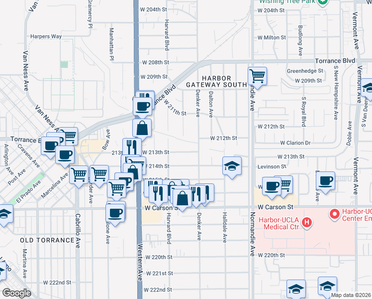 map of restaurants, bars, coffee shops, grocery stores, and more near 1529 West 213th Street in Torrance