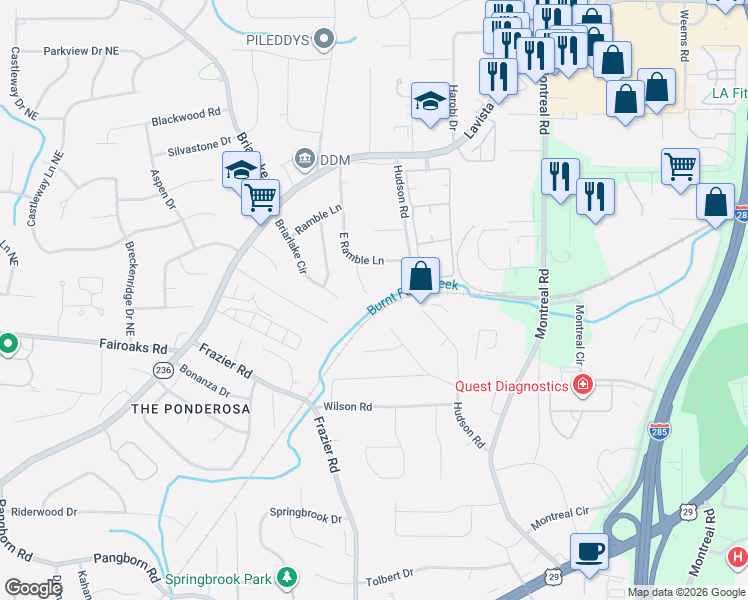 map of restaurants, bars, coffee shops, grocery stores, and more near 1807 East Ramble Court in Decatur