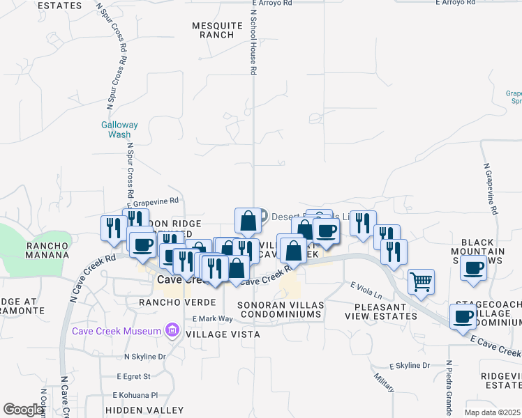 map of restaurants, bars, coffee shops, grocery stores, and more near 38555 North School House Road in Cave Creek