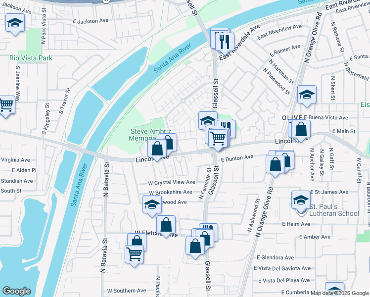 map of restaurants, bars, coffee shops, grocery stores, and more near 315 West Lincoln Avenue in Orange