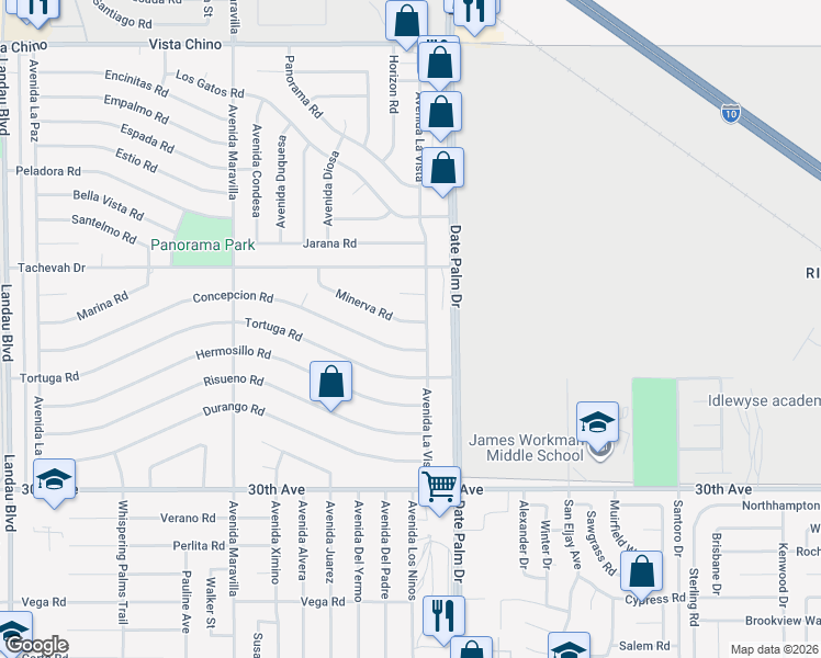 map of restaurants, bars, coffee shops, grocery stores, and more near 68935 Minerva Road in Cathedral City