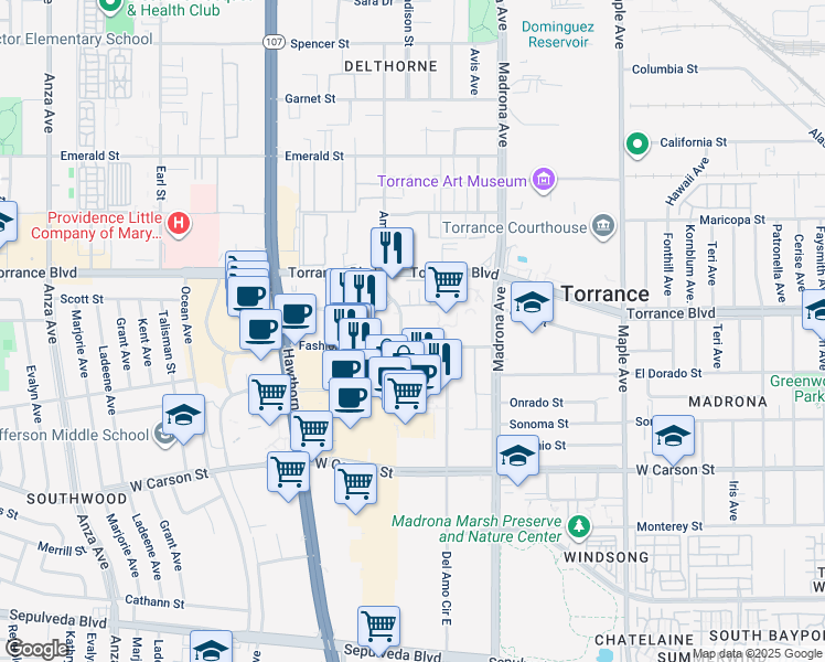 map of restaurants, bars, coffee shops, grocery stores, and more near 3531 Fashion Way in Torrance
