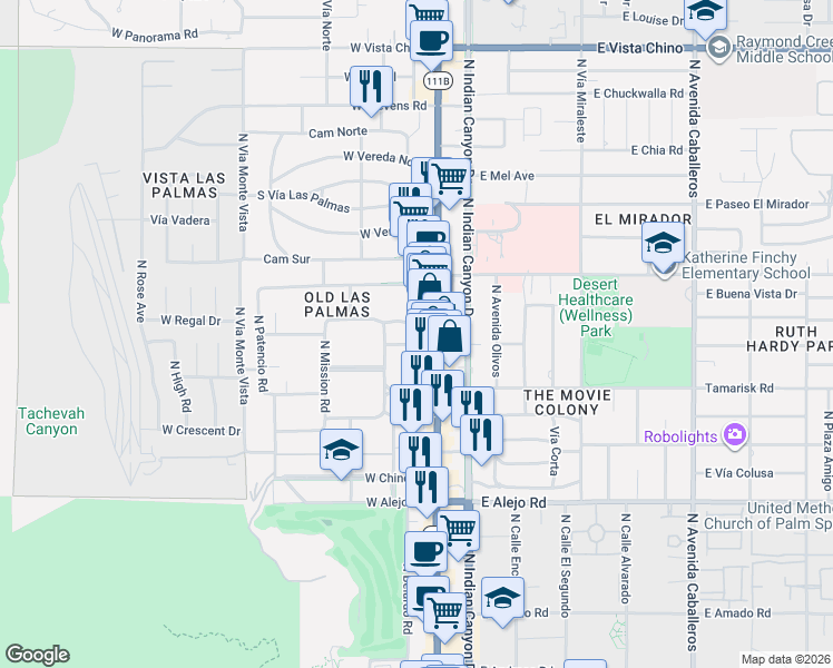 map of restaurants, bars, coffee shops, grocery stores, and more near 901 North Palm Canyon Drive in Palm Springs