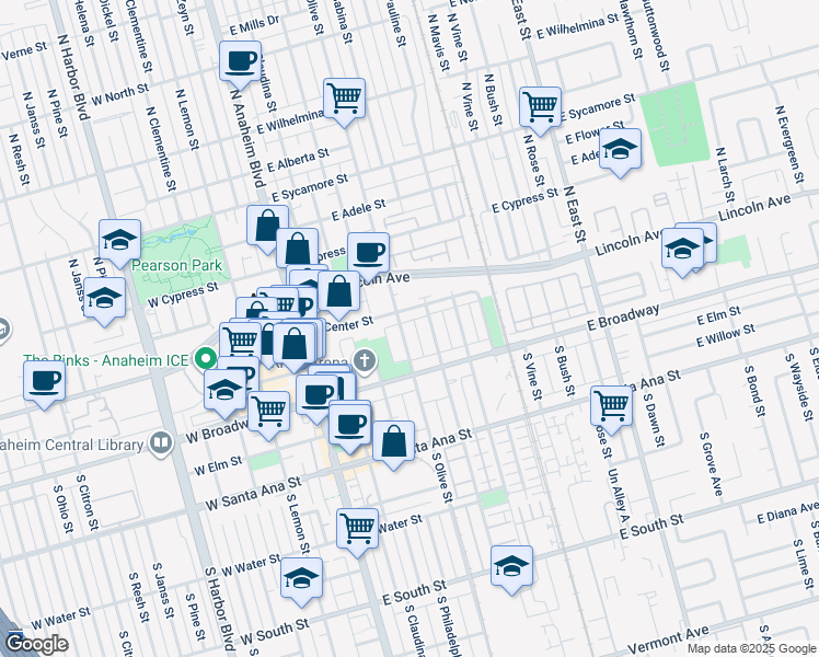 map of restaurants, bars, coffee shops, grocery stores, and more near 116 South Melrose Street in Anaheim