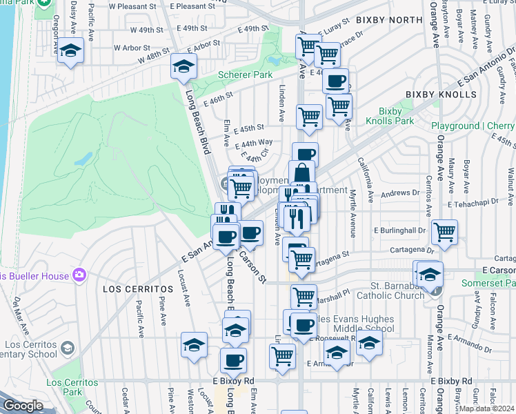 map of restaurants, bars, coffee shops, grocery stores, and more near 4303 Elm Avenue in Long Beach