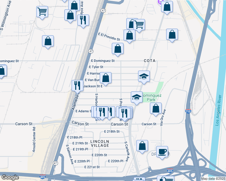 map of restaurants, bars, coffee shops, grocery stores, and more near 2651 East Monroe Street in Carson