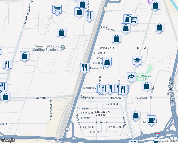 map of restaurants, bars, coffee shops, grocery stores, and more near 2510 East Monroe Street in Carson