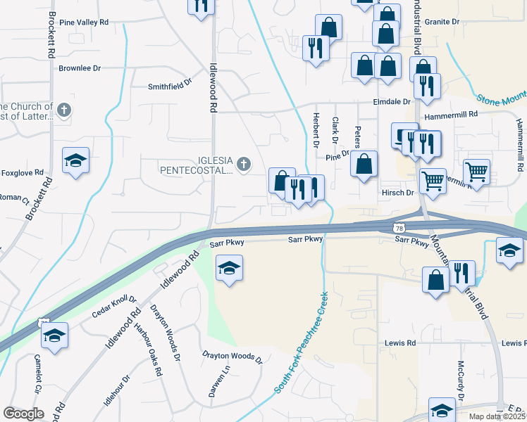 map of restaurants, bars, coffee shops, grocery stores, and more near 4406 Idlewood Lane in Tucker