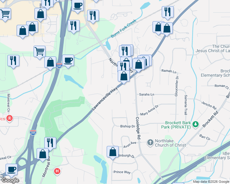 map of restaurants, bars, coffee shops, grocery stores, and more near 1825 Morning Star Lane in Tucker