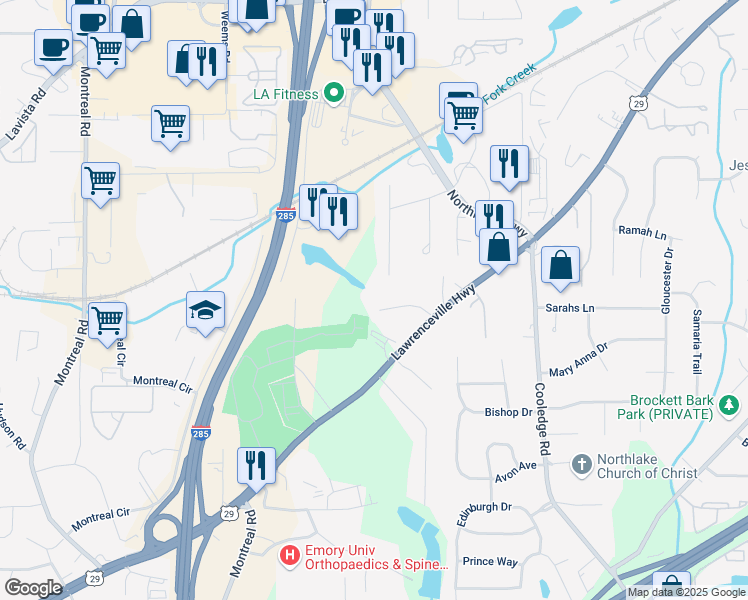 map of restaurants, bars, coffee shops, grocery stores, and more near 3530 Terri Lynn Court in Tucker