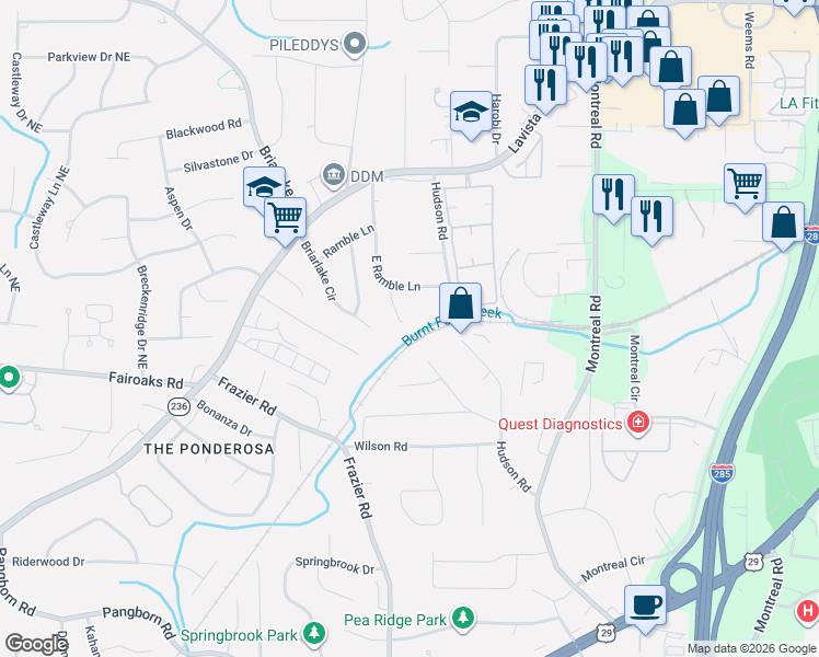 map of restaurants, bars, coffee shops, grocery stores, and more near 1807 East Ramble Court in Decatur