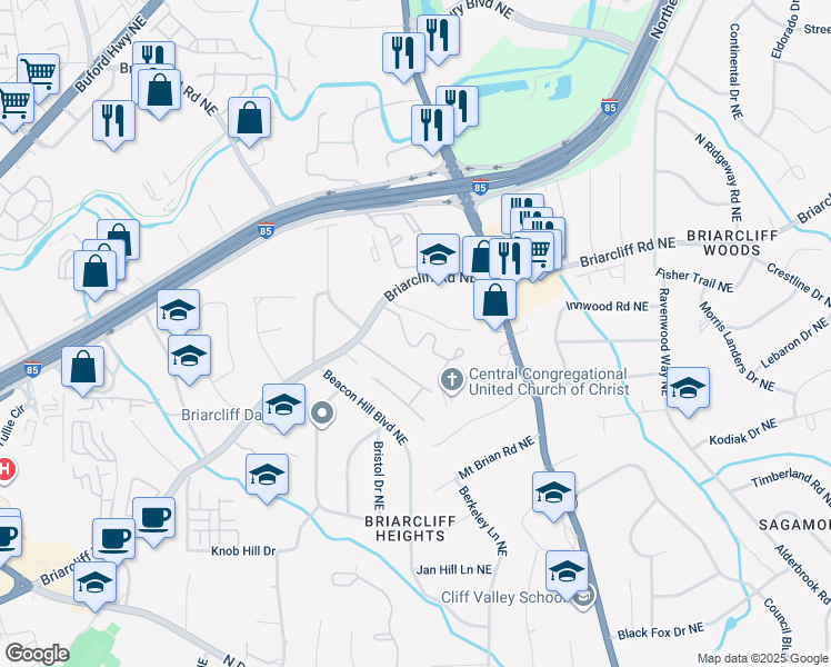 map of restaurants, bars, coffee shops, grocery stores, and more near 1831 Briarcliff Circle in Atlanta