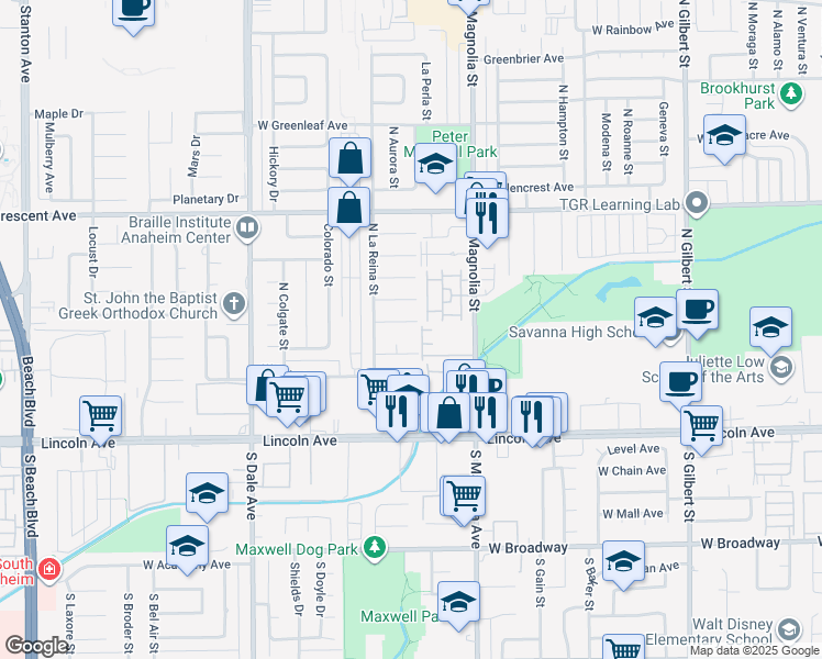 map of restaurants, bars, coffee shops, grocery stores, and more near 2652 West Russell Avenue in Anaheim