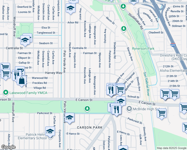 map of restaurants, bars, coffee shops, grocery stores, and more near 4253 Monogram Avenue in Lakewood