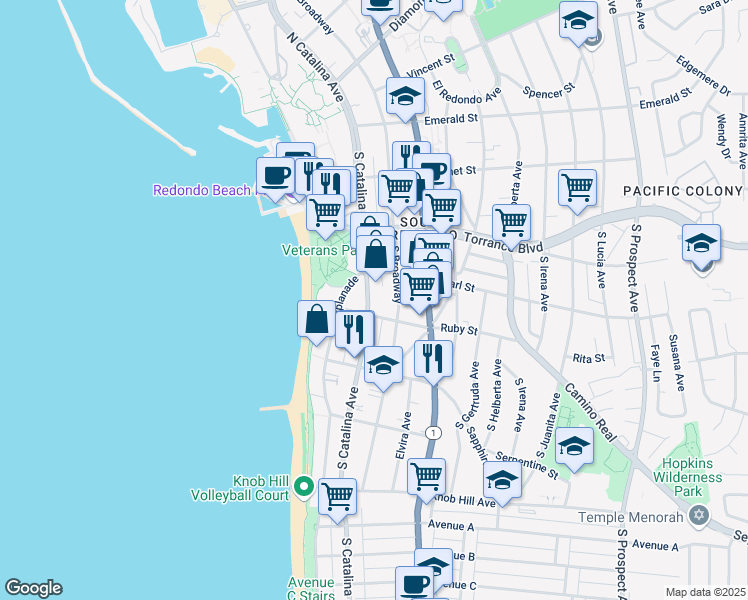 map of restaurants, bars, coffee shops, grocery stores, and more near 420 South Catalina Avenue in Redondo Beach