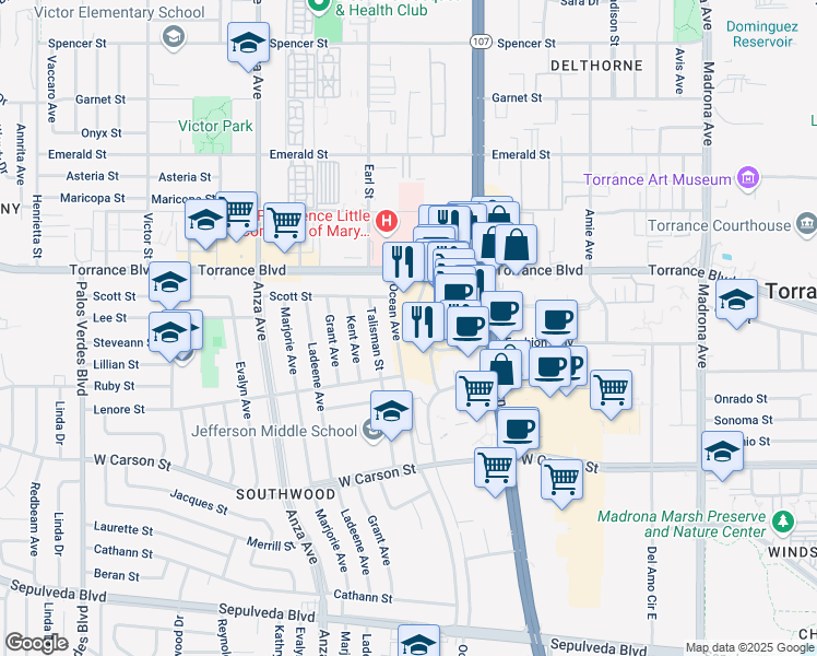 map of restaurants, bars, coffee shops, grocery stores, and more near 21309 Hawthorne Boulevard in Torrance
