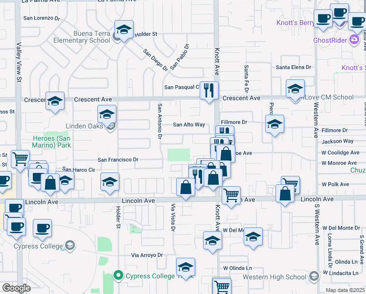 map of restaurants, bars, coffee shops, grocery stores, and more near 6798 San Benito Way in Buena Park