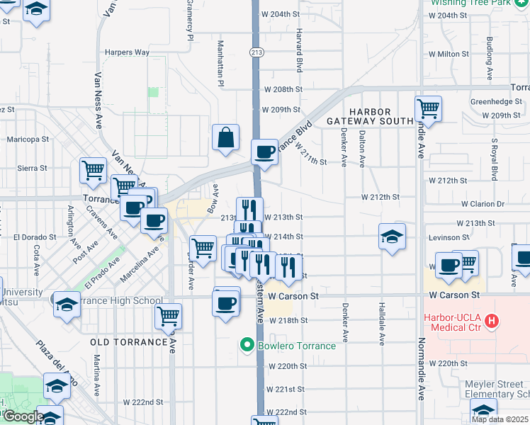 map of restaurants, bars, coffee shops, grocery stores, and more near 21240 South Western Avenue in Torrance