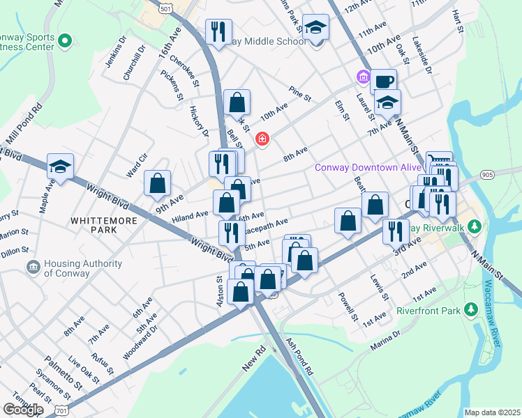 map of restaurants, bars, coffee shops, grocery stores, and more near 601 Smith Street in Conway