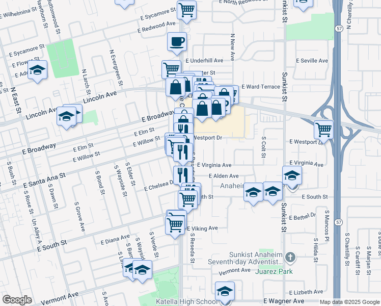 map of restaurants, bars, coffee shops, grocery stores, and more near 526 South Reseda Street in Anaheim
