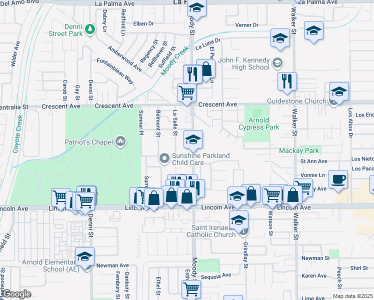 map of restaurants, bars, coffee shops, grocery stores, and more near 8721 Moody Street in Cypress