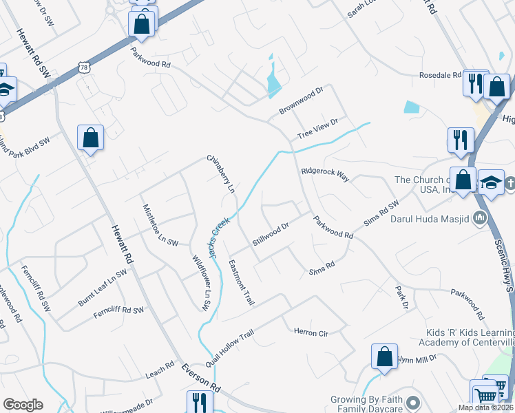 map of restaurants, bars, coffee shops, grocery stores, and more near 2521 Broadmoor Court in Snellville