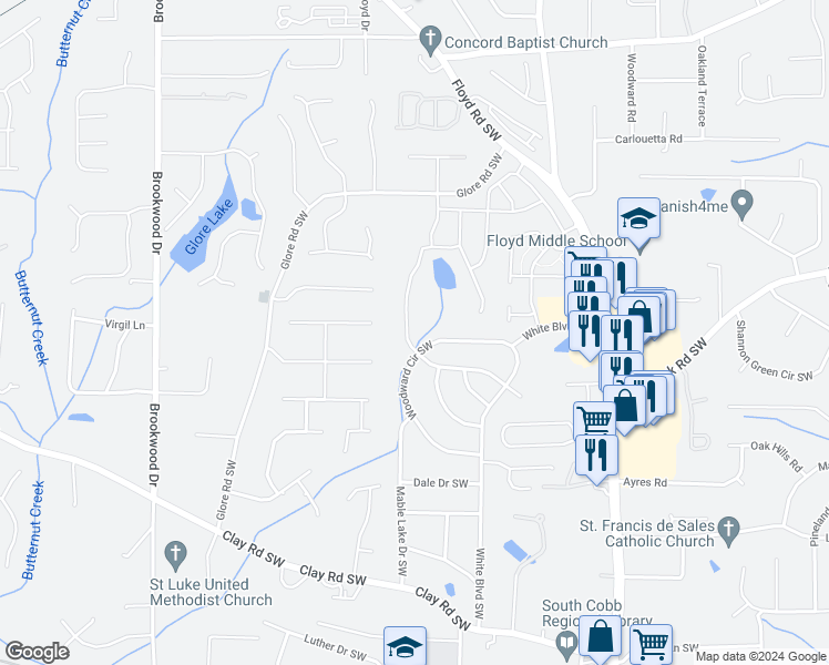 map of restaurants, bars, coffee shops, grocery stores, and more near 1010 Green Valley Road Southwest in Mableton