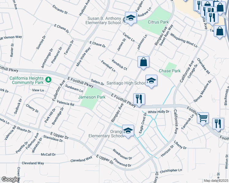 map of restaurants, bars, coffee shops, grocery stores, and more near 1244 Salem Drive in Corona
