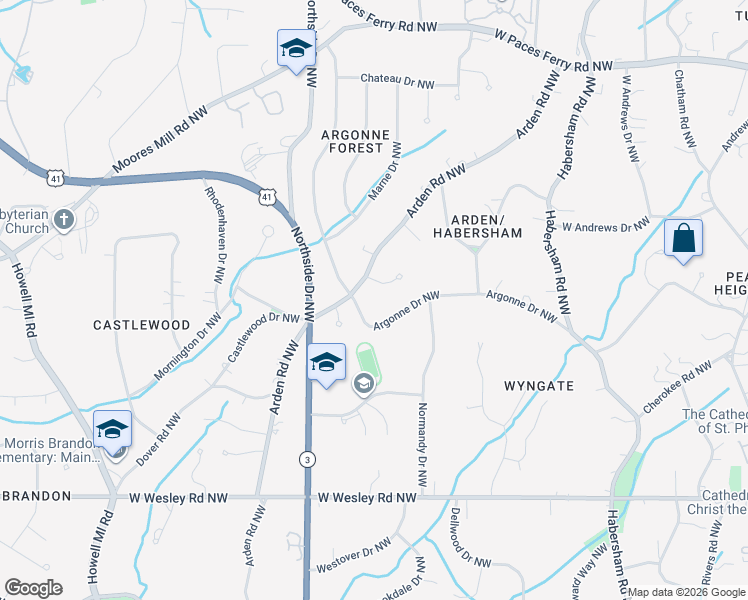 map of restaurants, bars, coffee shops, grocery stores, and more near 555 Argonne Drive Northwest in Atlanta