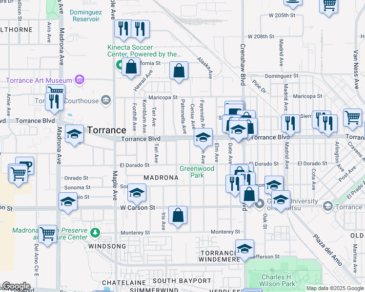 map of restaurants, bars, coffee shops, grocery stores, and more near 1228 Hickory Avenue in Torrance