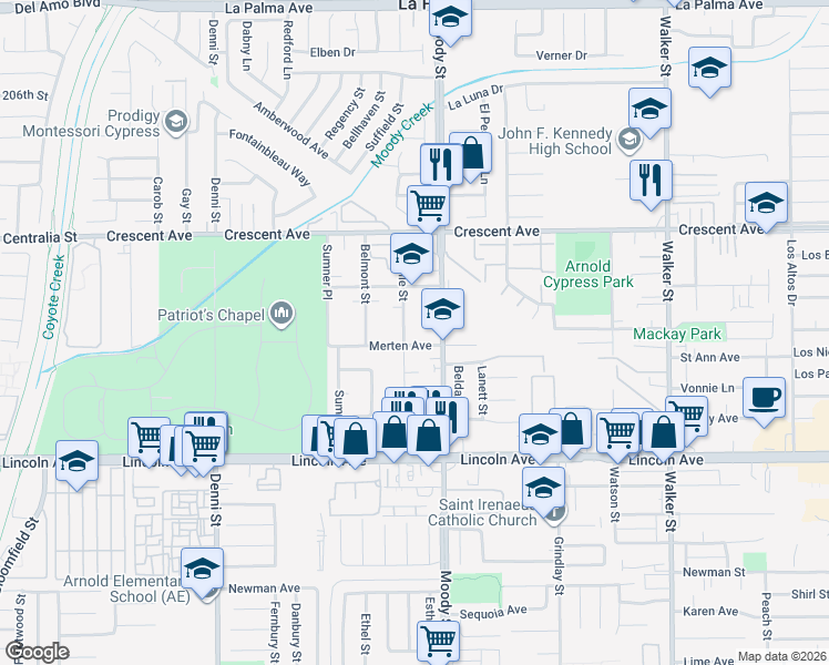 map of restaurants, bars, coffee shops, grocery stores, and more near 8722 La Salle Street in Cypress
