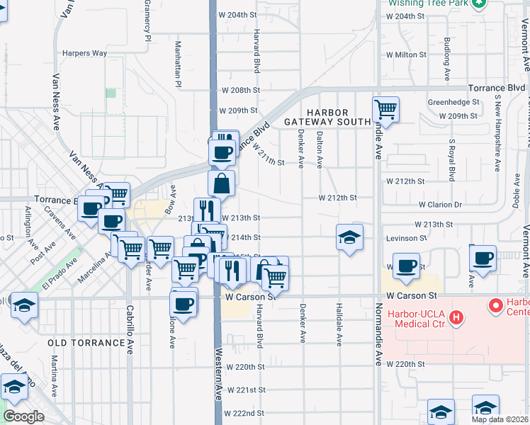 map of restaurants, bars, coffee shops, grocery stores, and more near 1567 West 213th Street in Torrance