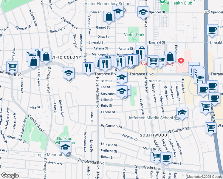 map of restaurants, bars, coffee shops, grocery stores, and more near 5110 Lee Street in Torrance