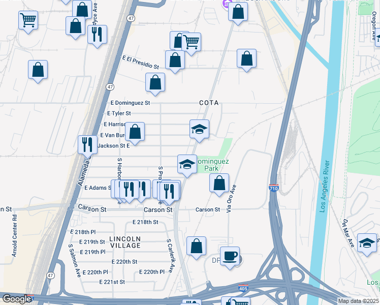 map of restaurants, bars, coffee shops, grocery stores, and more near 21241 South Santa Fe Avenue in Carson