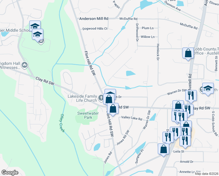 map of restaurants, bars, coffee shops, grocery stores, and more near 4833 Nelda Drive in Austell