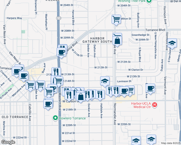 map of restaurants, bars, coffee shops, grocery stores, and more near 21230 Denker Avenue in Torrance