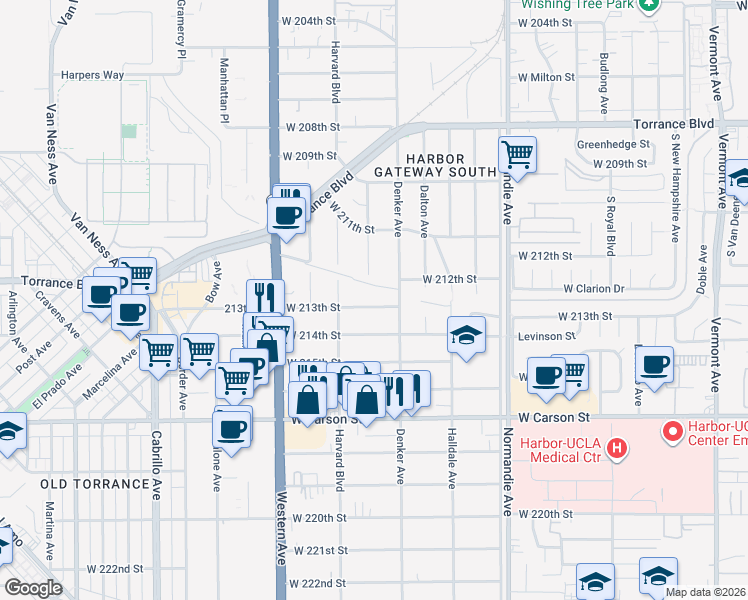 map of restaurants, bars, coffee shops, grocery stores, and more near 1529 West 213th Street in Torrance