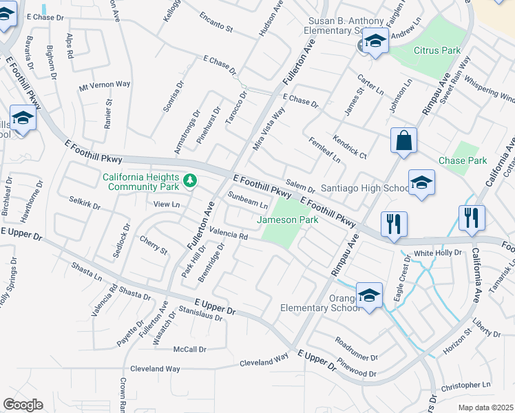 map of restaurants, bars, coffee shops, grocery stores, and more near 1072 Sunbeam Lane in Corona