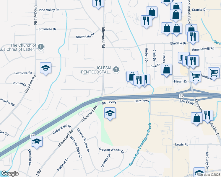 map of restaurants, bars, coffee shops, grocery stores, and more near 4312 Idlewood Lane in Tucker